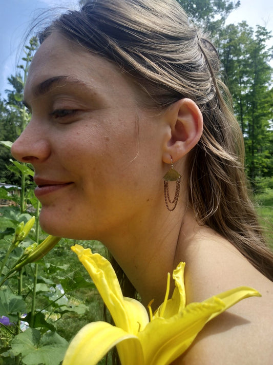 Chain Earrings - Small Brass Fan with Copper Chains