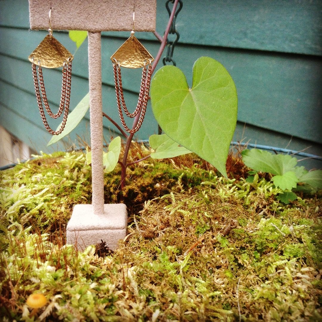 Chain Earrings - Small Brass Fan with Copper Chains